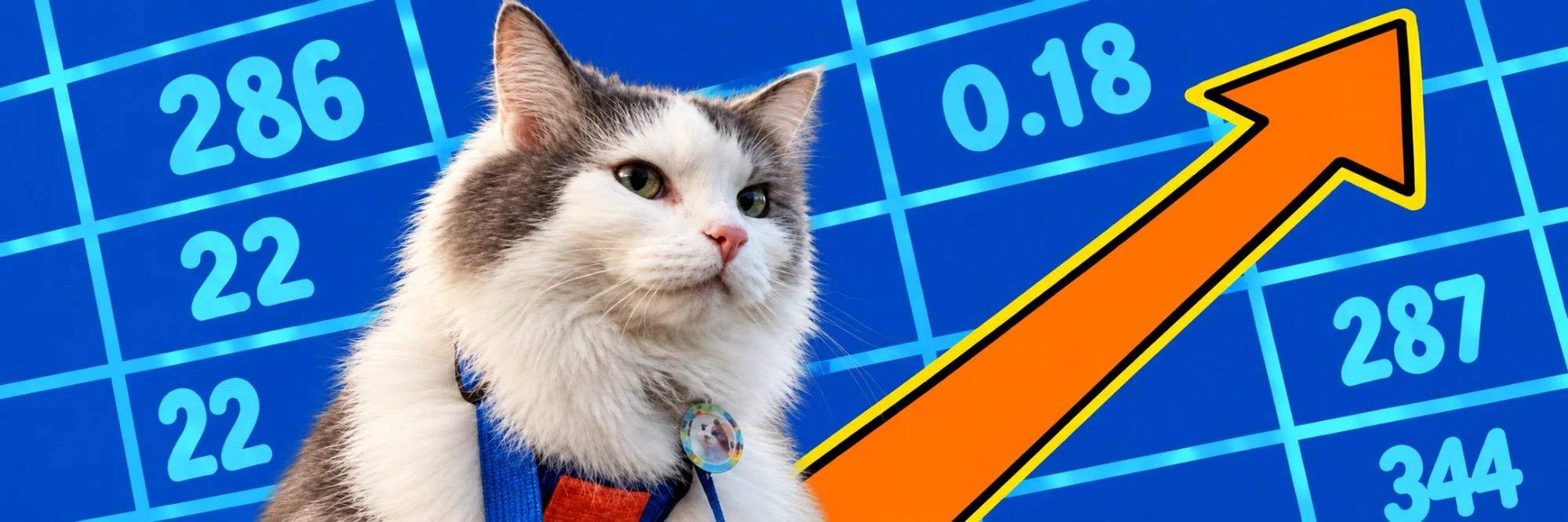 Gary the cat in front of the market board with a big orange arrow going up