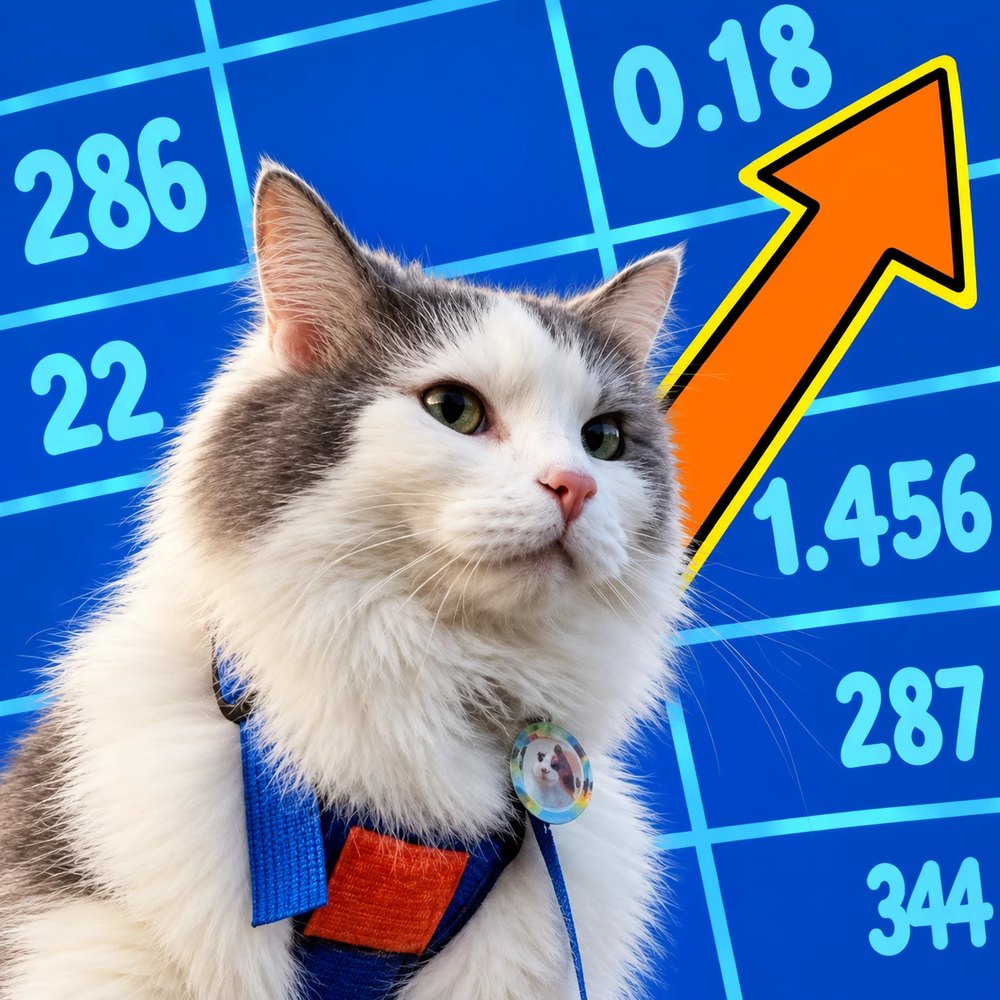 Gary, a fluffy grey and white cat in a blue harness, looking calm in front of a blue market board with an orange arrow pointing up